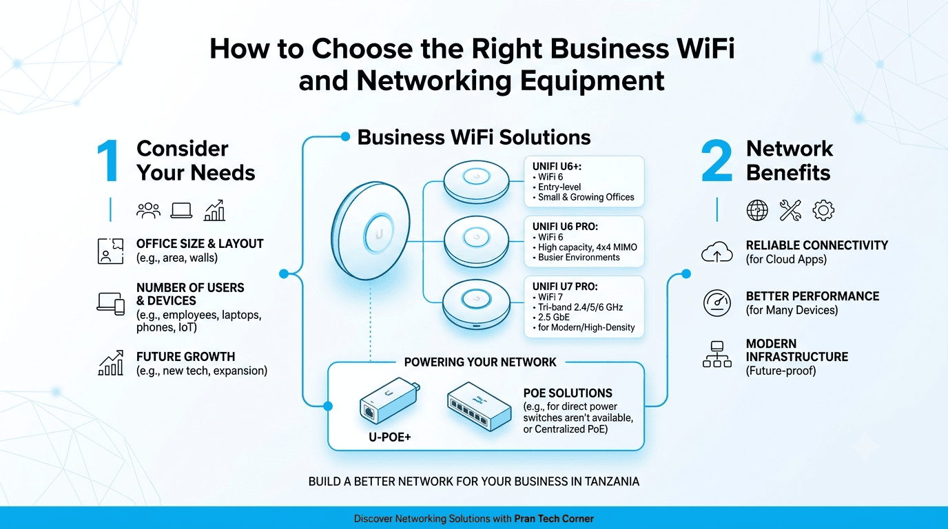 Infographic guide on how to choose the right business WiFi and networking equipment in Tanzania